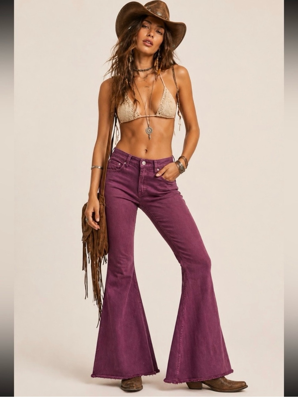Shyanne Burgundy Bell Bottom Jeans Size 34 Western Boho Flare Wide Leg